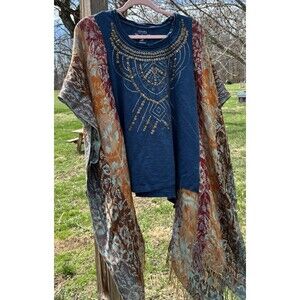 Upcycled Boho Hippie Poncho Turquoise Blue Sequins Decorated Top Women’s Medium